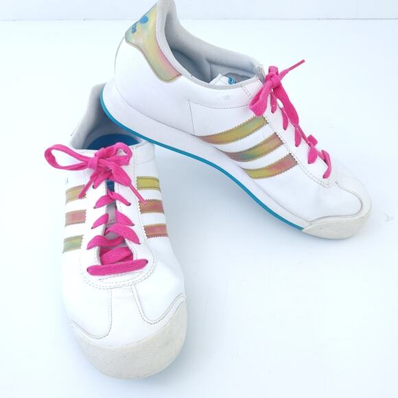 Adidas Samoa White Leather 3 Stripe Shoe Size 6.5 Run Large Shimmering 3-Stripe - Picture 1 of 8